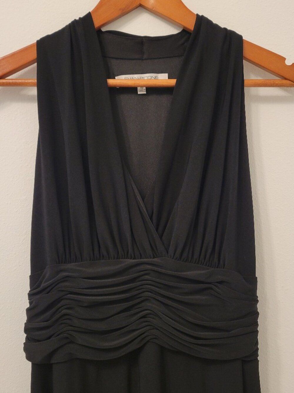 EVAN PICONE Marilyn Dress Black Sleeveless Halter Ruche High Waist Stretch Midi